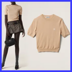 MiuMiu  |Crew Neck Casual Style Cashmere Silk Plain Short Sleeves