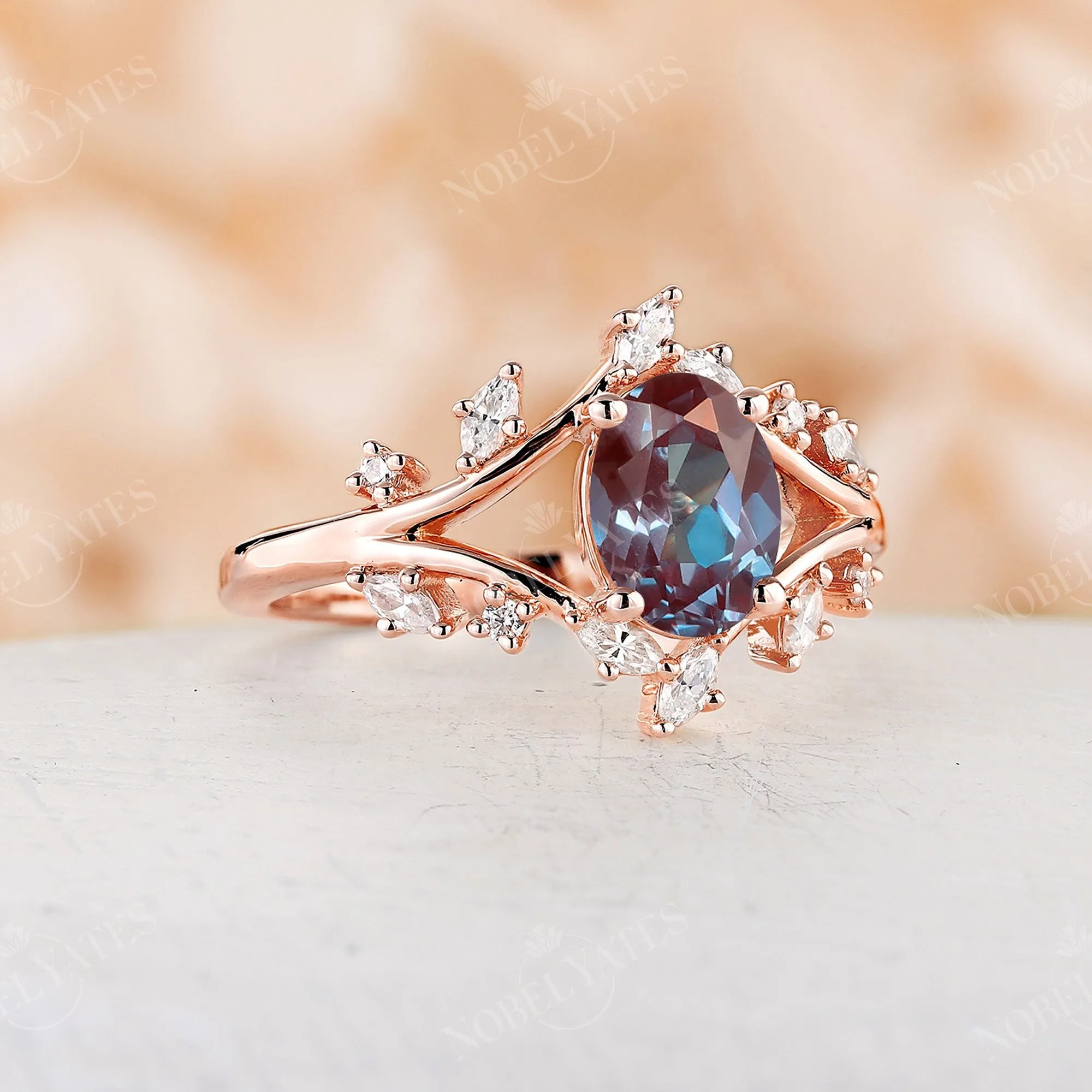 Nature inspired Lab Alexandrite Oval cut Engagement Ring Rose Gold