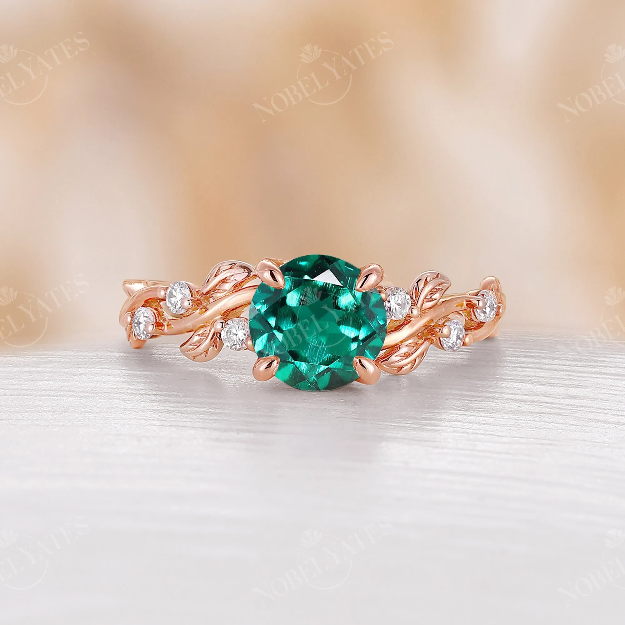Nature inspired Lab Emerald Engagement Ring Leaf Design Rose Gold