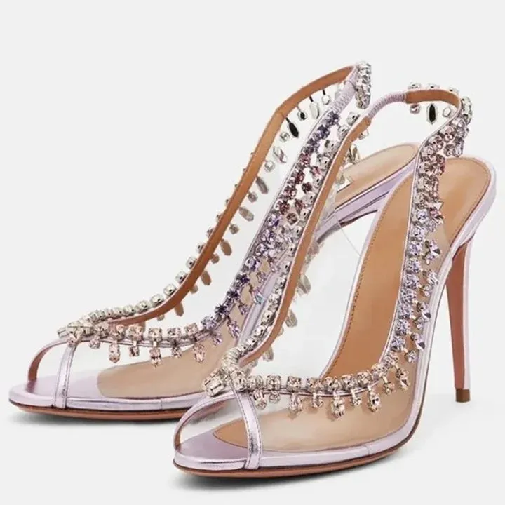 Pink Peep Toe Crystal Decor Slingback Hi-heel Pumps for Women