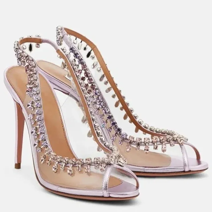 Pink Peep Toe Crystal Decor Slingback Hi-heel Pumps for Women