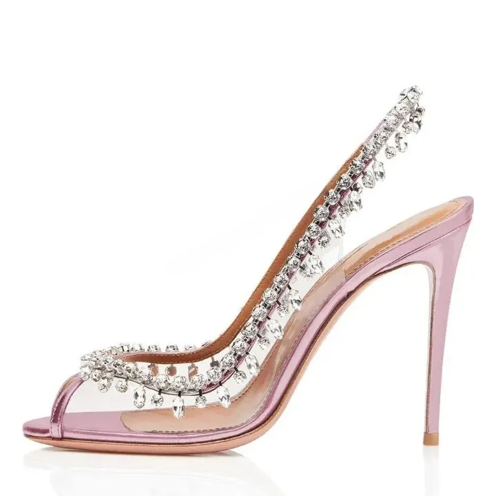 Pink Peep Toe Crystal Decor Slingback Hi-heel Pumps for Women