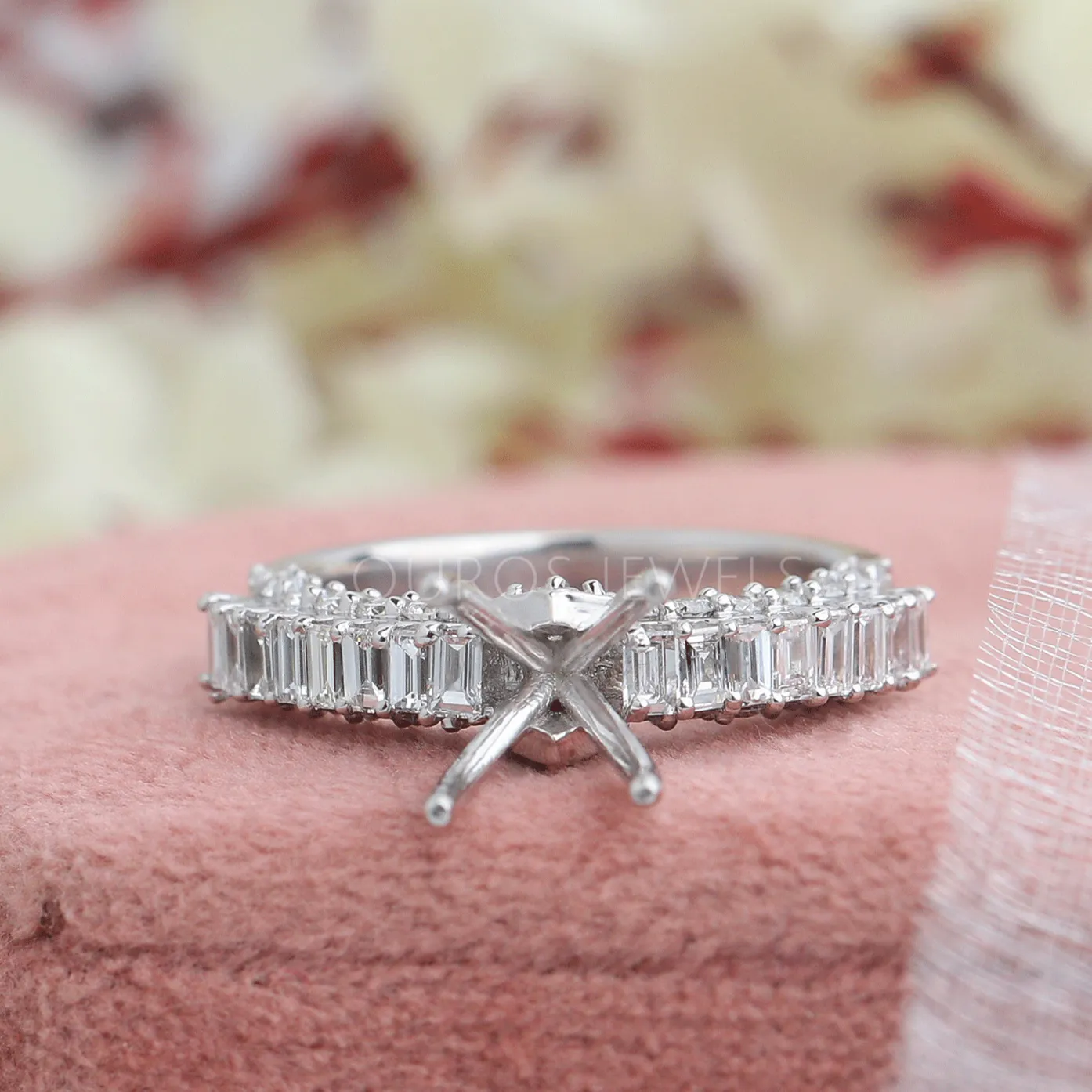 Semi Mount Baguette Cut Accent Diamond Engagement Ring