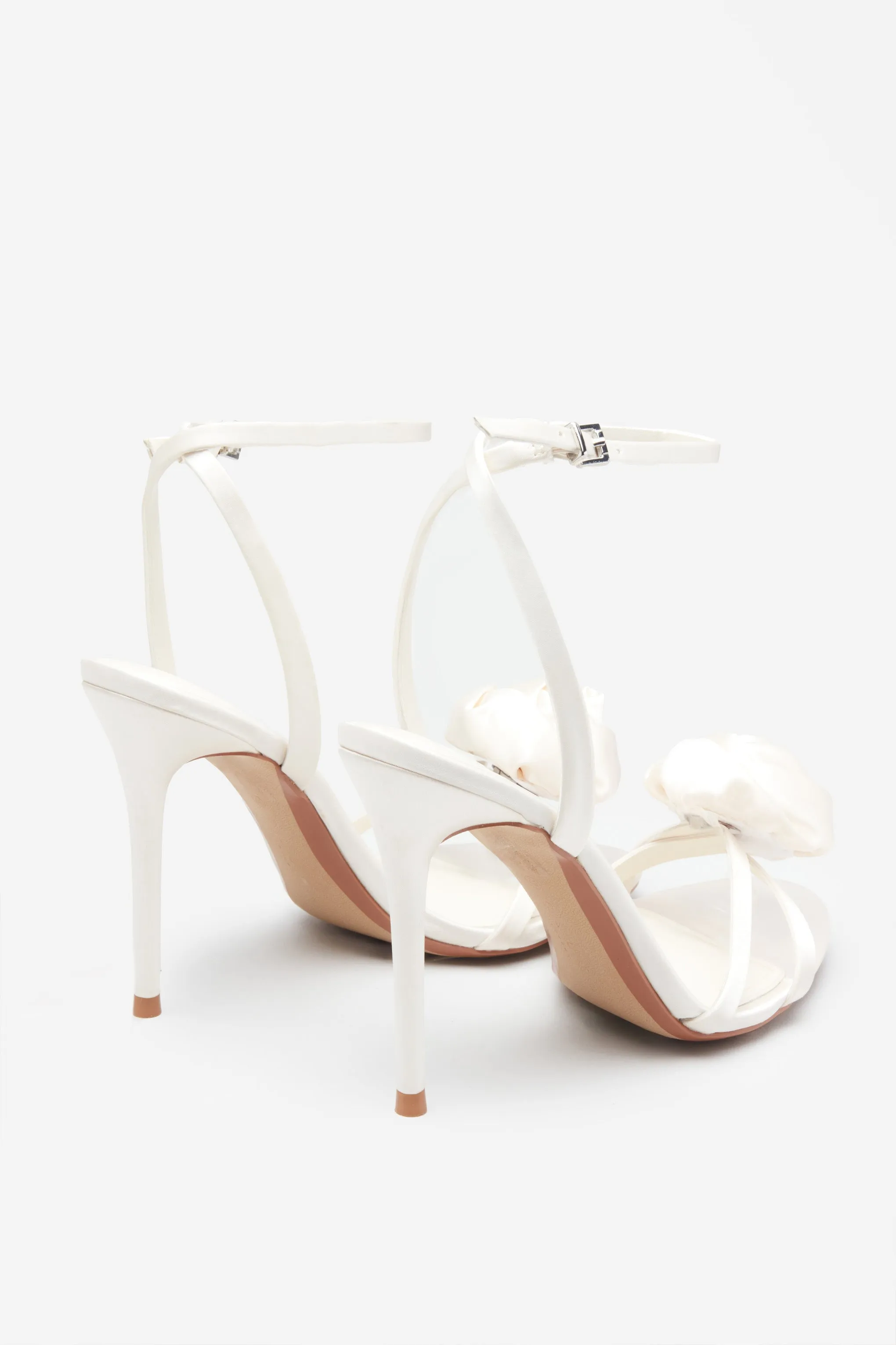 Sweet Step | Ivory Satin Strappy Heeled Sandals With Flowers