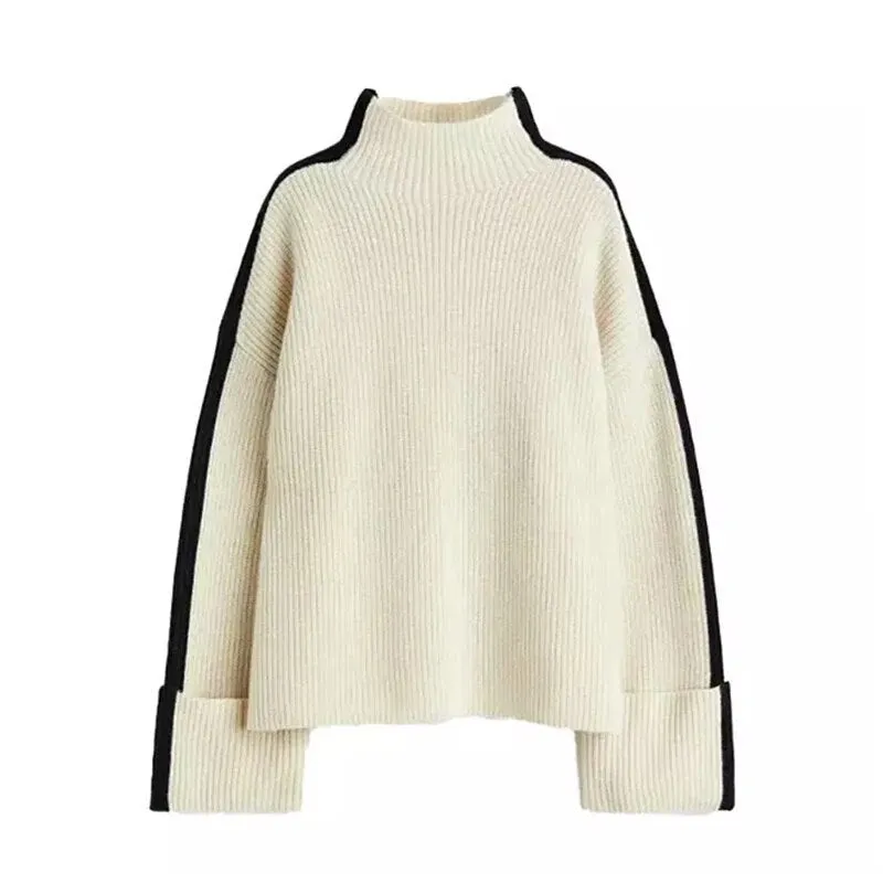 Turtleneck Panelled Kint Women Pullover Sweater Long Sleeve Striped Casual Female Sweaters 2023 Autumn Elegant Lady Clothes