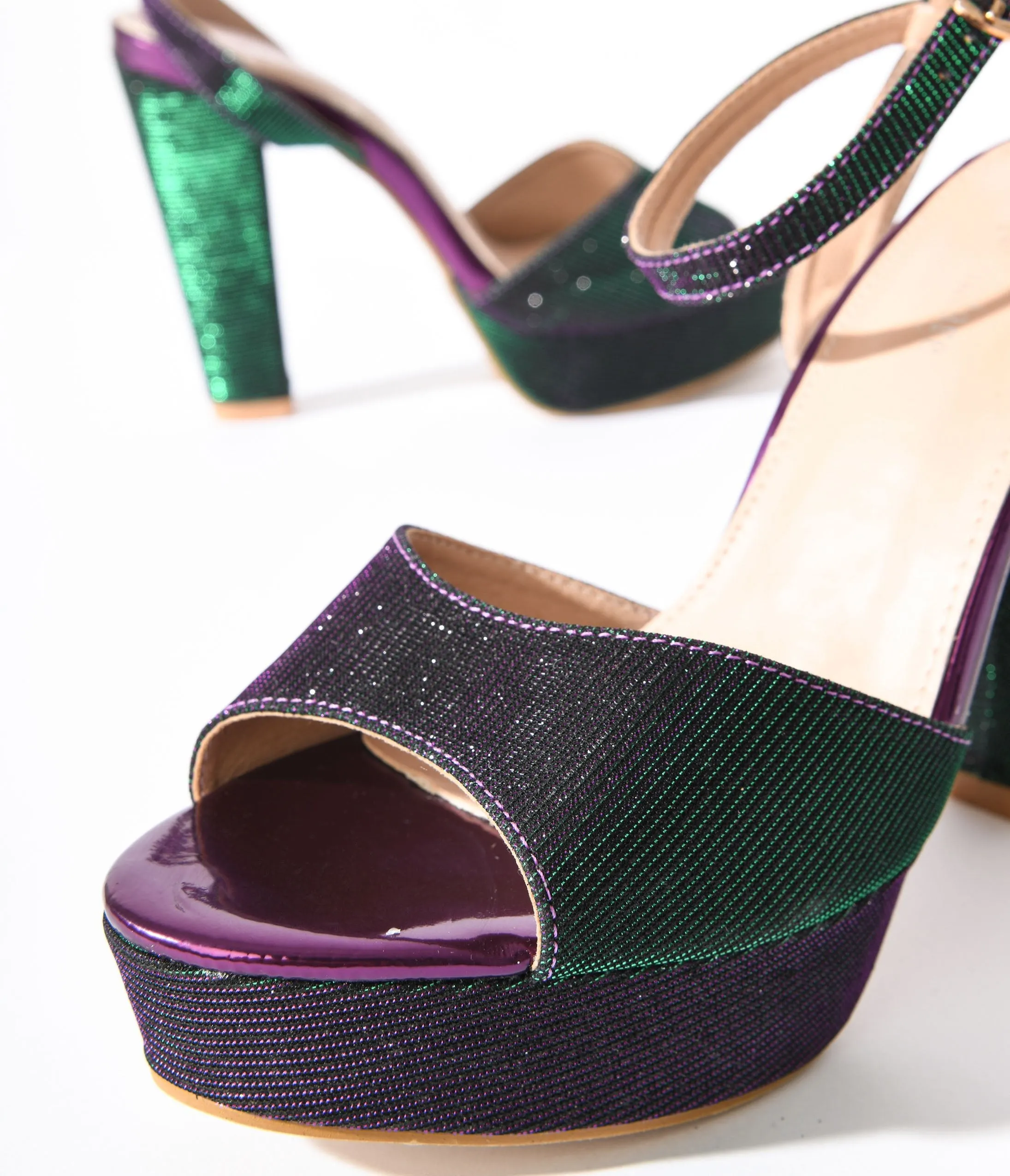 Unique Vintage Metallic Emerald & Purple Duotone Platform Heels