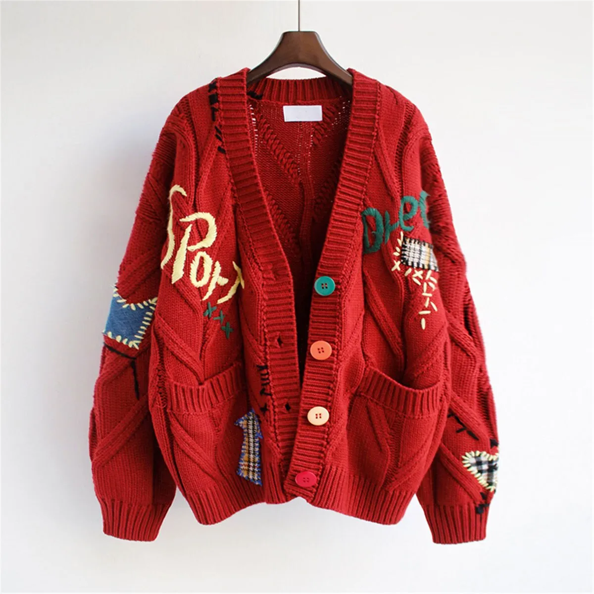 Women Long Sleeve Pocket Embroidery Sweater Coat Casual Loose Knit Cardigans