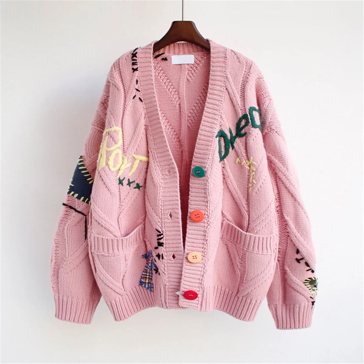 Women Long Sleeve Pocket Embroidery Sweater Coat Casual Loose Knit Cardigans