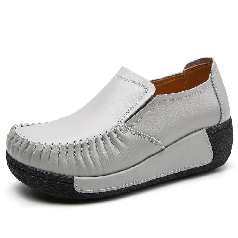 Women's Autumn Gray Genuine Leather Handmade Loafers Round Toe Shoes