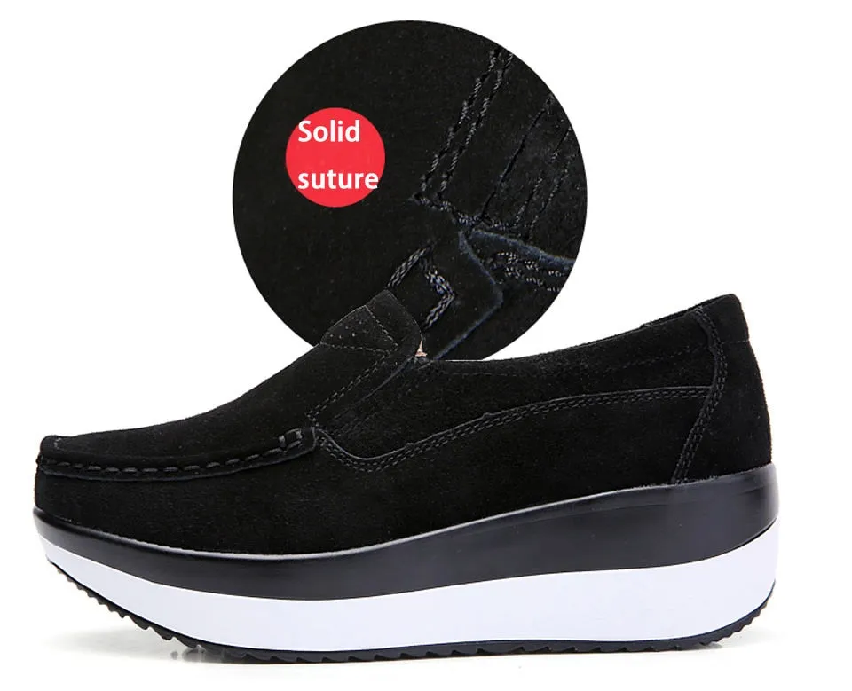 Women's Blue Genuine Leather Moccasins Slip-on Round Toe Casual Shoes