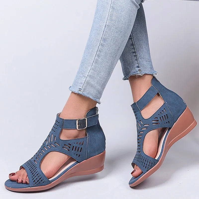 Women's Retro Hollow Out Buckle Strap Slip On Hi-heel Sandals