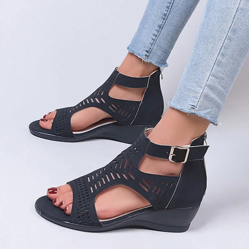 Women's Retro Hollow Out Buckle Strap Slip On Hi-heel Sandals