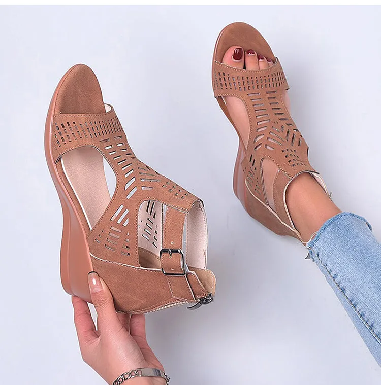 Women's Retro Hollow Out Buckle Strap Slip On Hi-heel Sandals