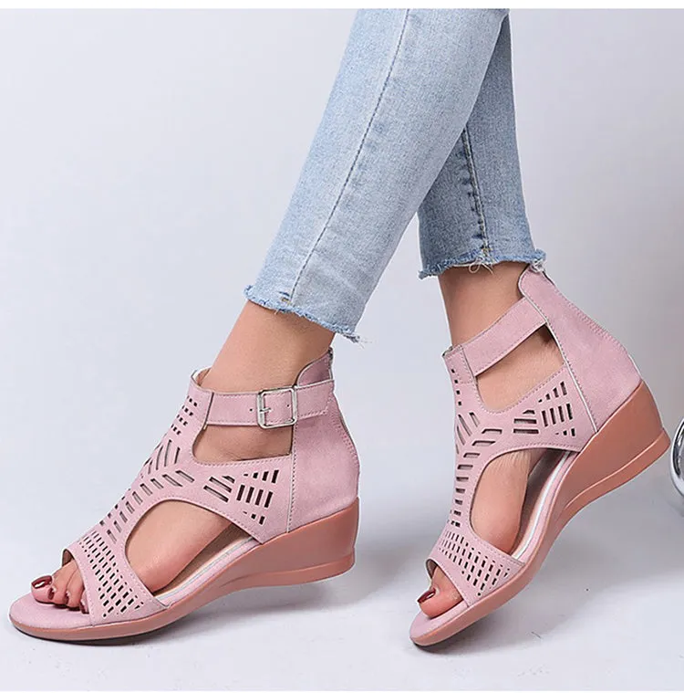 Women's Retro Hollow Out Buckle Strap Slip On Hi-heel Sandals