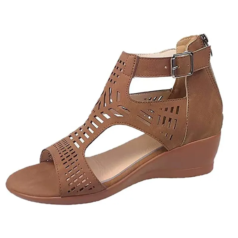 Women's Retro Hollow Out Buckle Strap Slip On Hi-heel Sandals