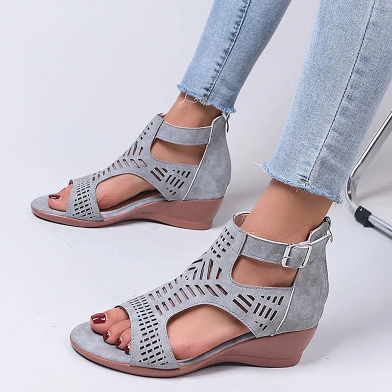 Women's Retro Hollow Out Buckle Strap Slip On Hi-heel Sandals