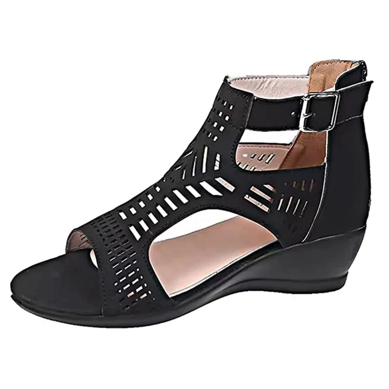 Women's Retro Hollow Out Buckle Strap Slip On Hi-heel Sandals