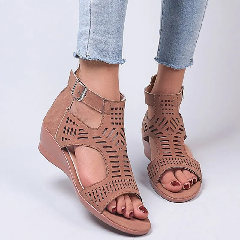 Women's Retro Hollow Out Buckle Strap Slip On Hi-heel Sandals