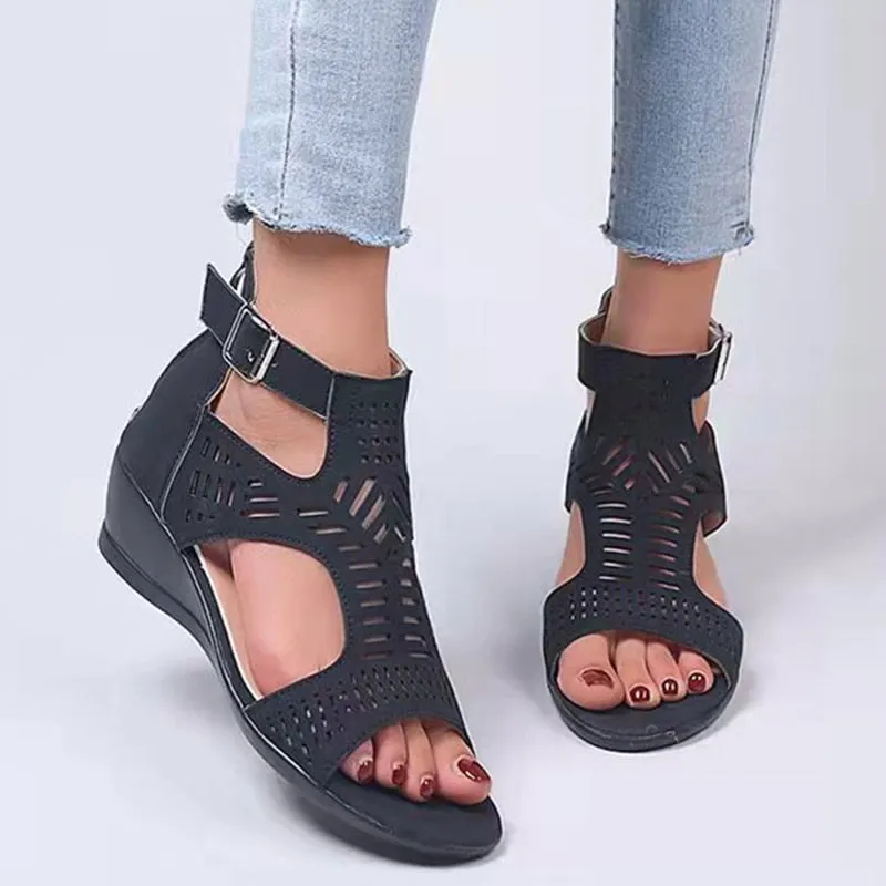 Women's Retro Hollow Out Buckle Strap Slip On Hi-heel Sandals