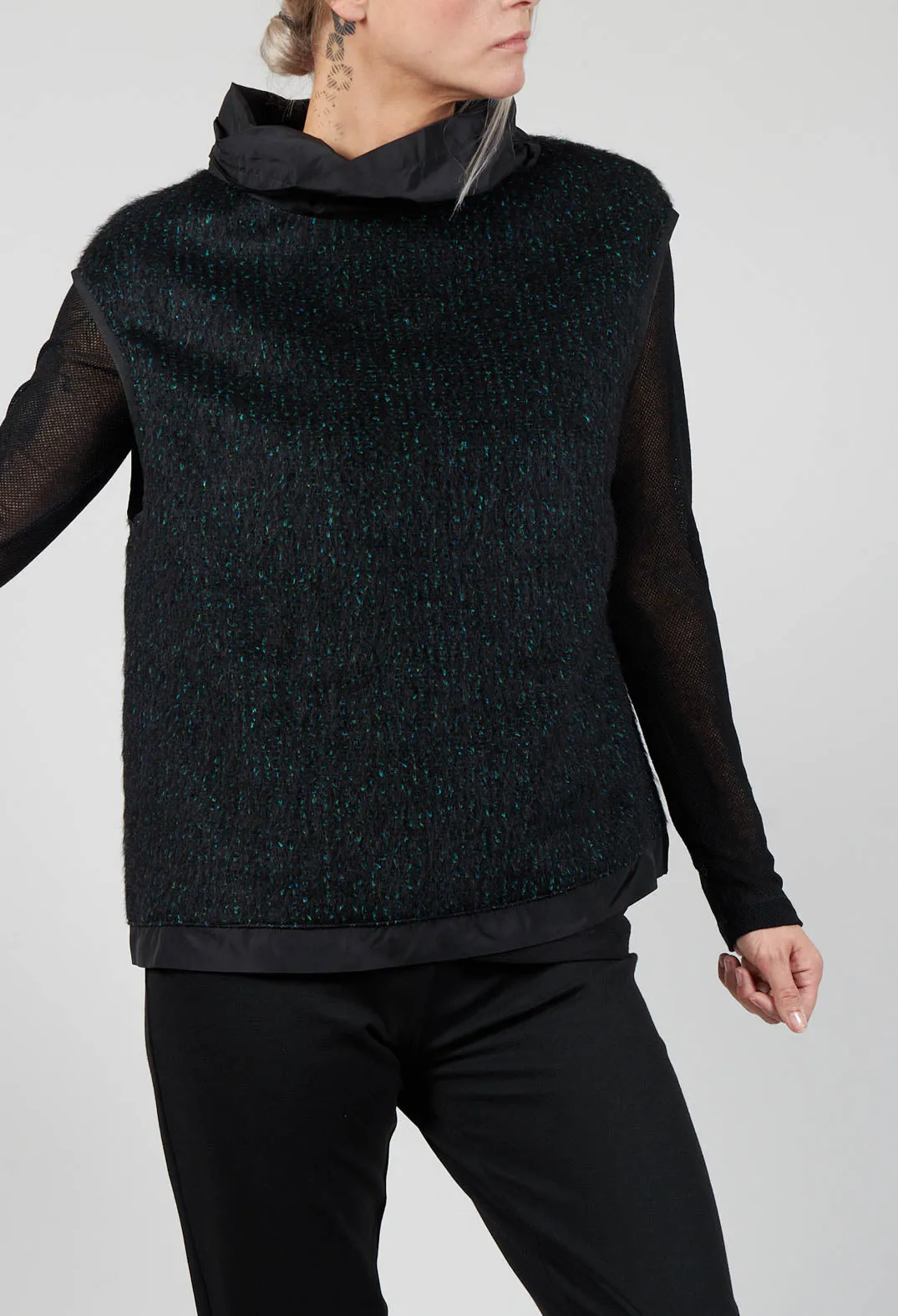 Wool Vest with Contrasting Cowl Neck in Black Dark Green