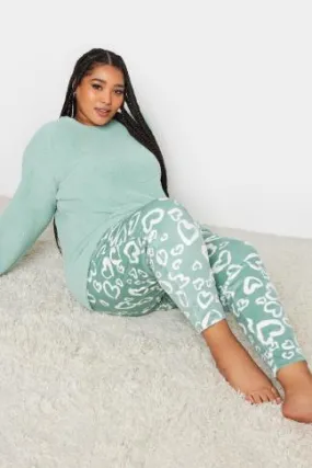 YOURS Curve Sage Green Love Heart Teddy Fleece Lounge Set